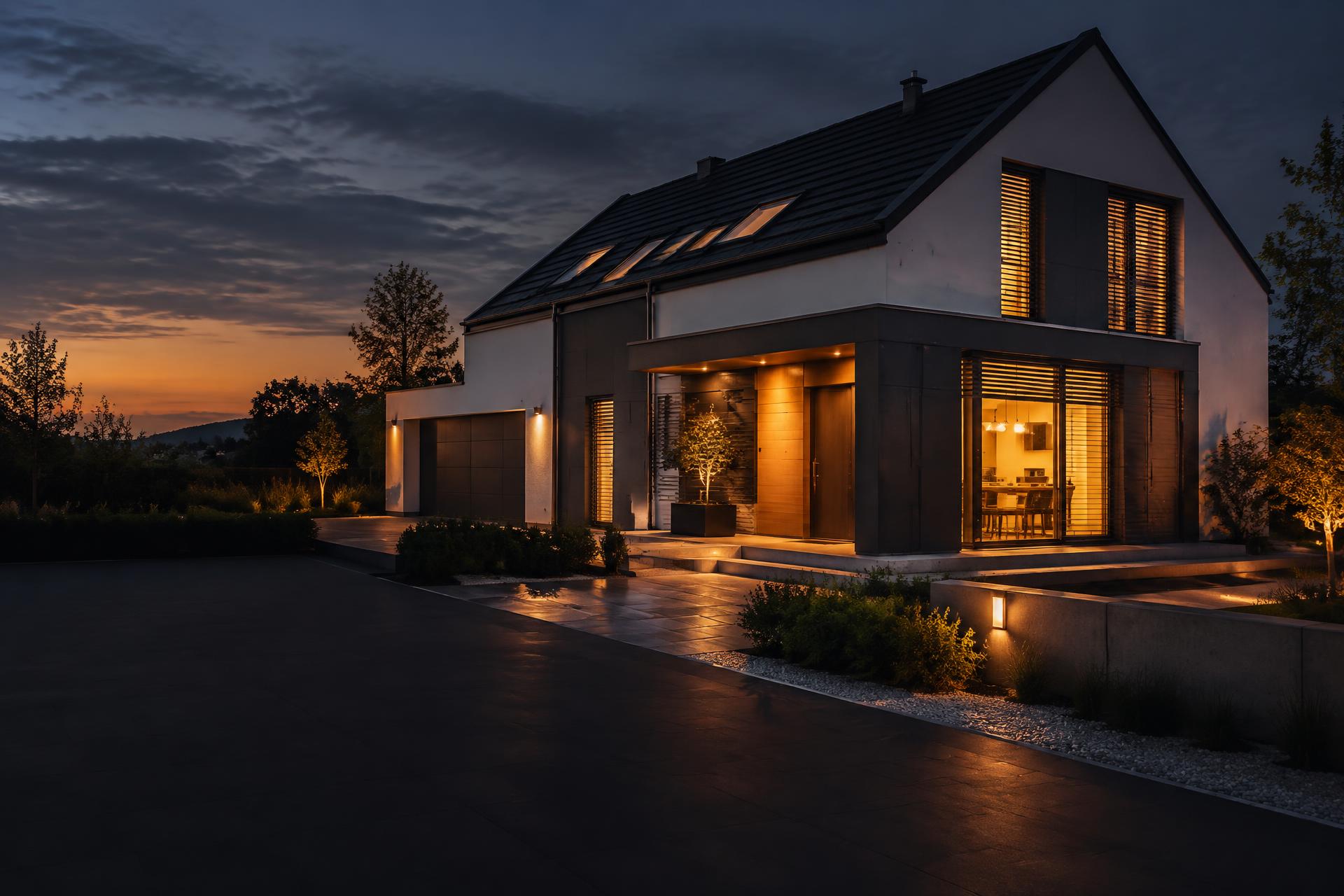 Modernes Haus in der Abenddämmerung mit warm erleuchteten Fenstern – Martel Montagebau
